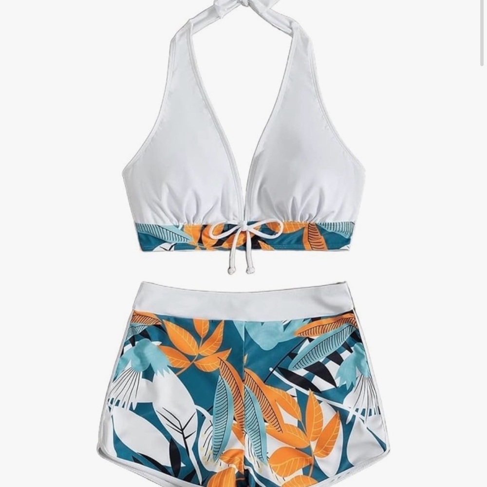 Tropical Leaf Print Halter Bikini Short Set-L